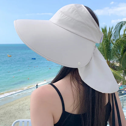 Women's Summer Hat for The Sun Wide Brim UV Neck Protection Solar Beach Bucket Hats Foldable Ponytail Travel Panama Caps Female