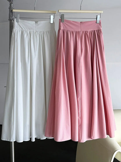 Elegant Women Pleated White Pockets Long Skirts Office Ladies Casual Loose High Waist Midi Skirt 2024 Spring Summer SK20