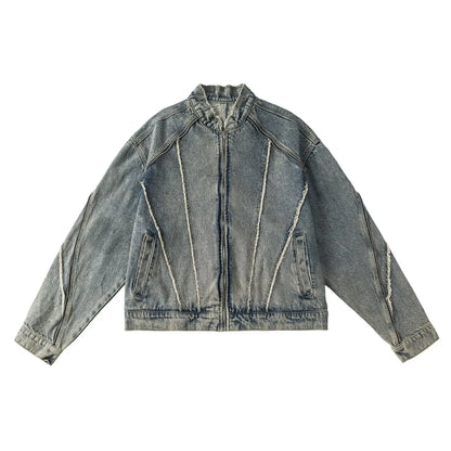 New Spring Autumn Vintage Loose Fit Yellow Mud Distressed Stand Collar Denim Jacket Men Casual Zipper Top Trendy