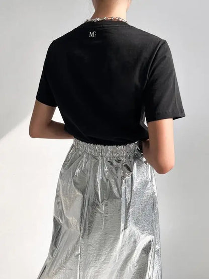 2Colors Women Summer Autumn Pleated Long Skirts For Womens Elastic High Waist Vintage Silver Skirt Female(w10051)
