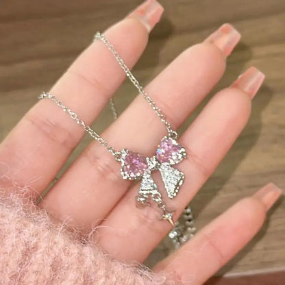 Korea New Design Bowknot Pink Zircon Cross Pendant Necklaces Fashion Temperament Clavicle Chain for Women Trendy Party Jewelry