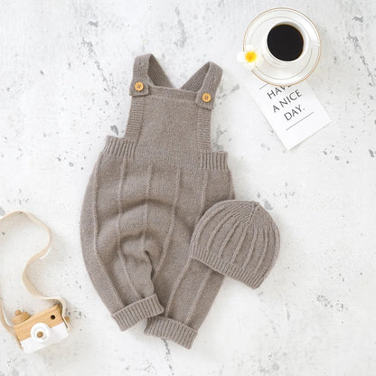 Chic Sleeveless Knitted Newborn Baby Romper & Hat Set - Fashionable Infant Strap Jumpsuits for Boys & Girls