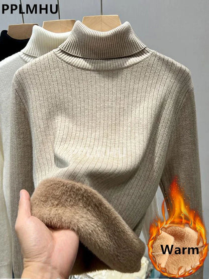 Warm Knit Pullover New Thicken Turtleneck Sweater For Winter Women Casual Slim Plush Lined Soft Long Sleeve Knitwear Jumper Tops