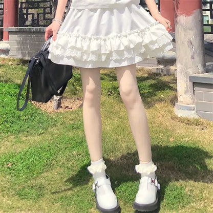 Japanese Sweet Lace Poached Cake Skirt High Waist Skirt Women's Summer Cute Short Skirt A-line Skirt Black Skirt
