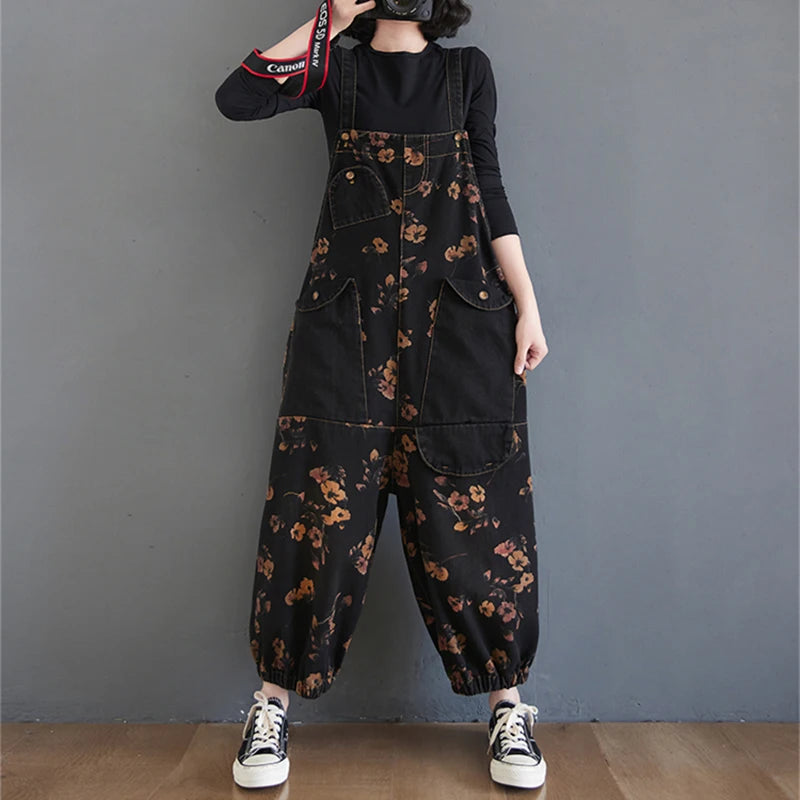 Vintage Floral Denim Jumpsuit for Women - Wide Leg Baggy Straps Cargo Pants