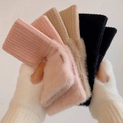 Mink Fleece Soft Winter Half Finger Gloves Women Warm Luxury Solid White Plush Knitted Fingerless Gloves Fluffy Work Gloves