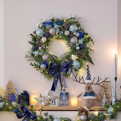 30 Inch Pre-Lit Christmas Wreath for Front Door with Lights, Large Lighted Christmas Wreath with Silver Blue