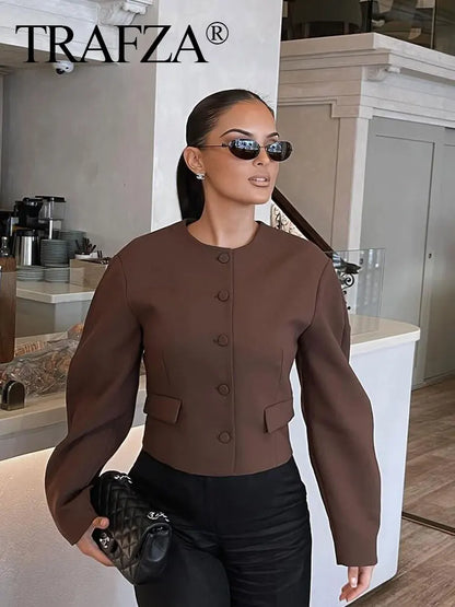 TRAFZA Jacket For Women Fashion Vintage Solid Cropped Blazer Coat O Neck Long Sleeve Jacket Autumn Female Casual Y2K Outerwear