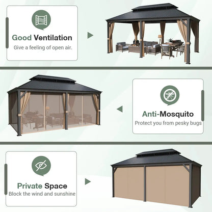 12x20 Ft Hardtop Gazebo with Netting and Curtains Heavy Duty Double Roof Galvanized Steel Outdoor Combination for Patio Deck