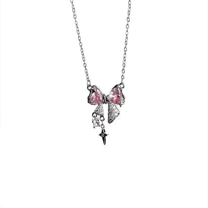 Korea New Design Bowknot Pink Zircon Cross Pendant Necklaces Fashion Temperament Clavicle Chain for Women Trendy Party Jewelry