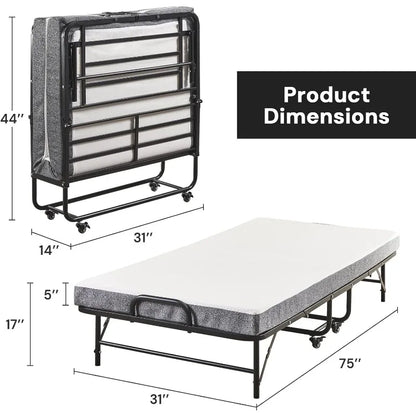 Folding Bed with Mattress, 75" x 38", Rollaway Guest Bed Portable Foldable Extra Bed for Adults, Fold up with 5" Memory