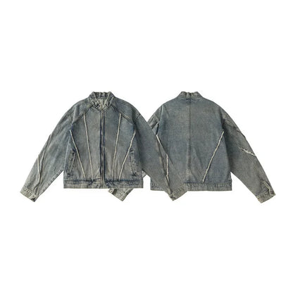 New Spring Autumn Vintage Loose Fit Yellow Mud Distressed Stand Collar Denim Jacket Men Casual Zipper Top Trendy