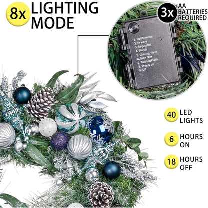 30 Inch Pre-Lit Christmas Wreath for Front Door with Lights, Large Lighted Christmas Wreath with Silver Blue