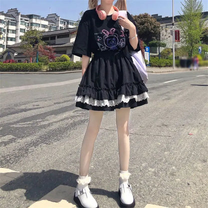 Japanese Sweet Lace Poached Cake Skirt High Waist Skirt Women's Summer Cute Short Skirt A-line Skirt Black Skirt