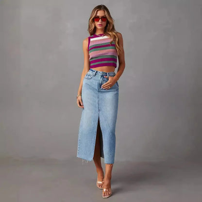 Solid Color Casual Loose Denim Long Skirts For Women 2024 Summer Vintage Women's Midi Jeans Skirt Elegant Fashion Female Skirts