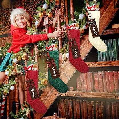 18 Set Lighted Christmas Stockings, 18 Inch Christmas Knit Stockings with Name Tags and Christmas Stocking Holder