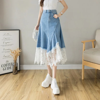 Women's A-line Denim Skirt Vintage 90s Aesthetic Y2k Long Cowboy Skirt Harajuku Korean Emo Jean Skirt 2000s Clothes Summer 2024