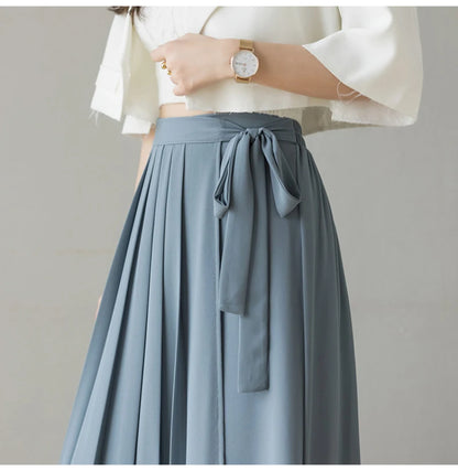 Summer New Style Korean Women Big Hem Skirt Trousers Pleated Chiffon Trousers High Waist Pants Hakama Casual Wide Leg Pantalones