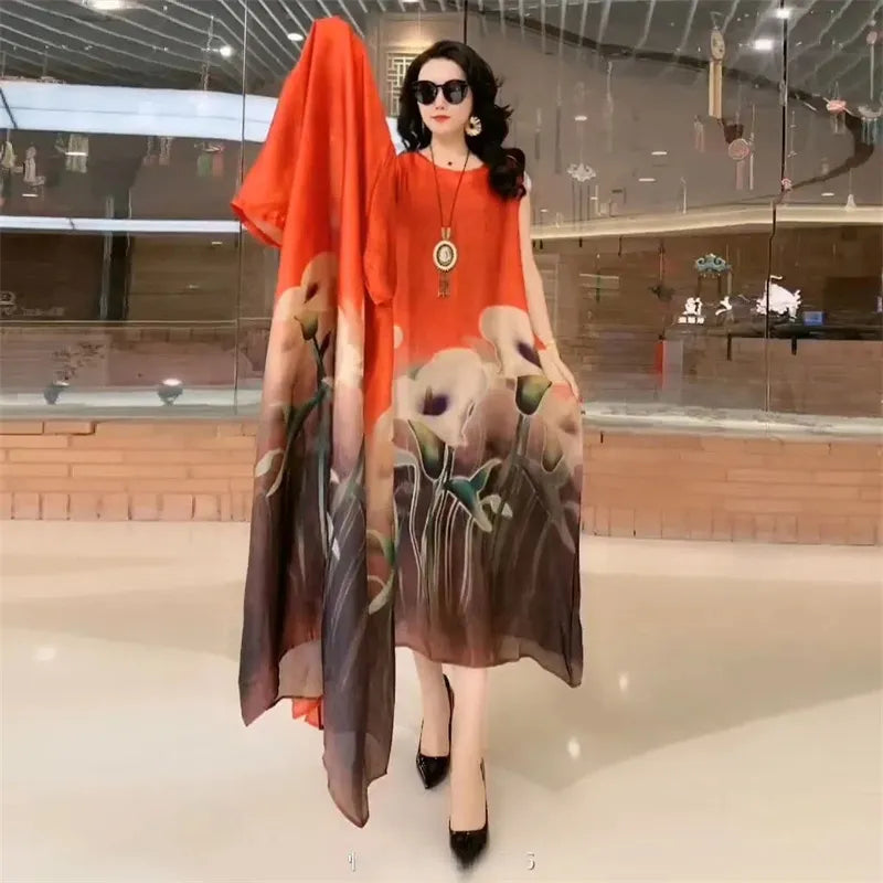 Mother Dress Suit Summer Casual Fashion Printing Two Piece Suits Long Dress Suits Women Temperament Dress Sets Female Suits