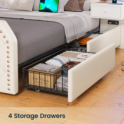 Tall Platform Bed Frame with 4 Storage Drawers, PU Leather Upholstered Queen Bed Frame