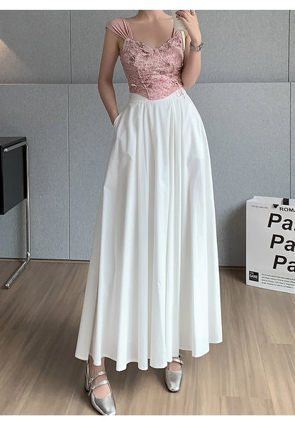 Elegant Women Pleated White Pockets Long Skirts Office Ladies Casual Loose High Waist Midi Skirt 2024 Spring Summer SK20