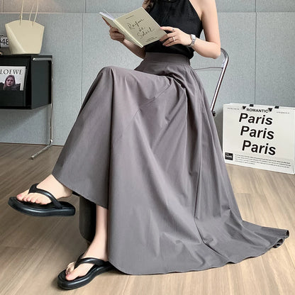 Elegant Women Pleated White Pockets Long Skirts Office Ladies Casual Loose High Waist Midi Skirt 2024 Spring Summer SK20