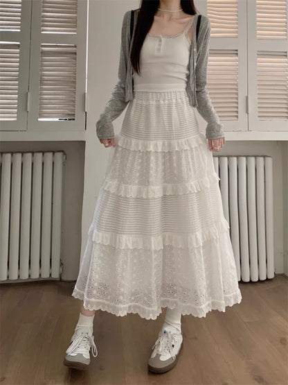 White Hollow Long Cake Skirt Women Spring High Waist Lace Patchwork Ruffles A Line Midi Skirts Sweet Ballet Clothes