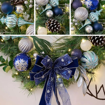 30 Inch Pre-Lit Christmas Wreath for Front Door with Lights, Large Lighted Christmas Wreath with Silver Blue