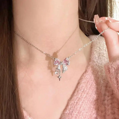 Korea New Design Bowknot Pink Zircon Cross Pendant Necklaces Fashion Temperament Clavicle Chain for Women Trendy Party Jewelry