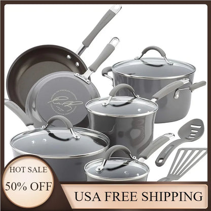 Rachael Ray -  12 Piece, Sea Salt Gray 16802 Rachael Ray Cucina Nonstick Cookware Pots and Pans Set