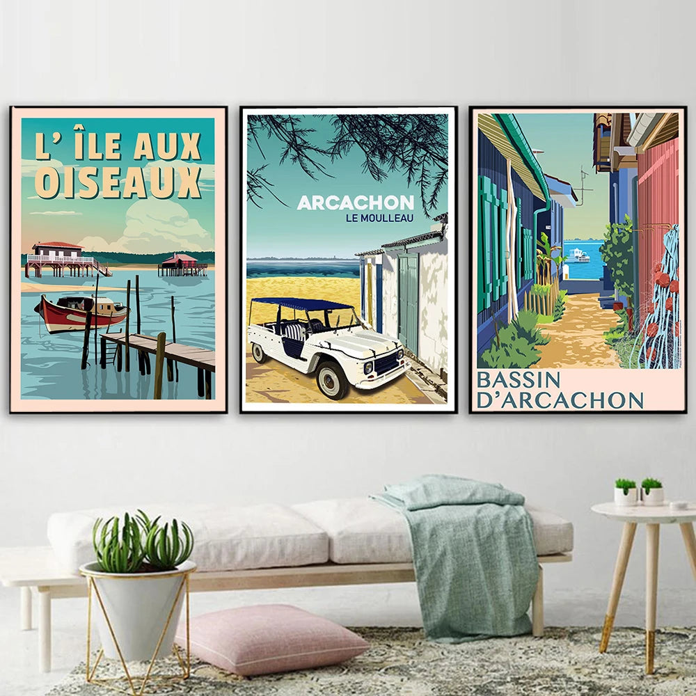 Travel Vintage Home Decor Arcachon Basin Landscape Traditional Village Poster Retro Vintage Wall Art Picture Living Room Decor