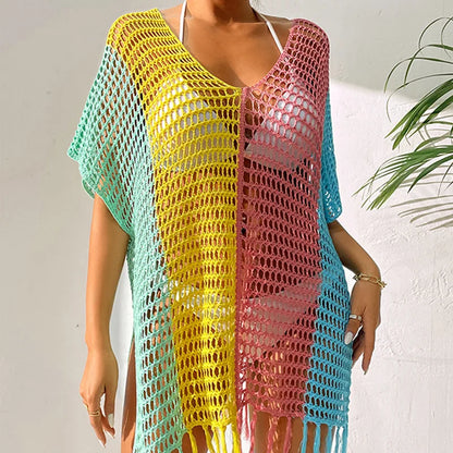 Multicolor Crochet Bikini Cover Up With Fringe Trim Women Sexy Hollow Tunic Beach Dress 2022 Summer Bathing Suit Beachwear