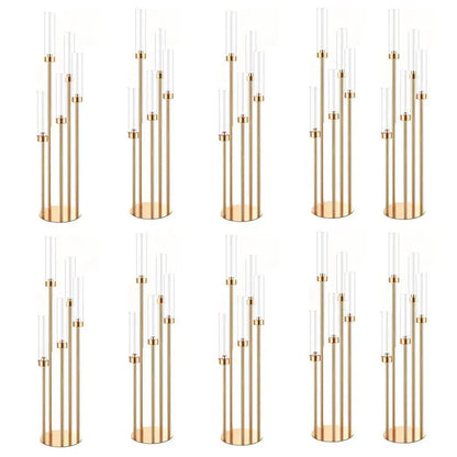 10pcs 5/8 Heads Metal Candelabra Candle Holders Road Lead Table Centerpiece Gold Candelabrum Stand Pillar Candlestick wedding