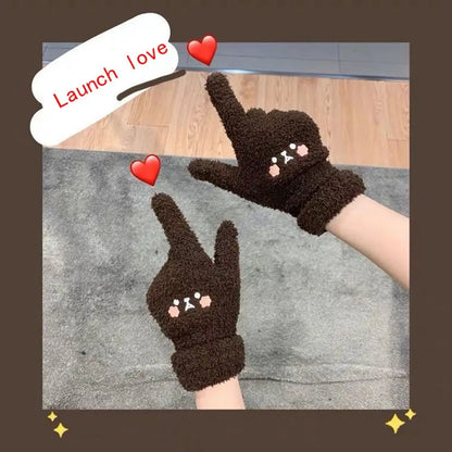 Winter Plush Cute Girl Gloves Warm Finger Gloves Embroidery Blush Bear Wool Mittens Student Cold Outdoor Cycling Gloves
