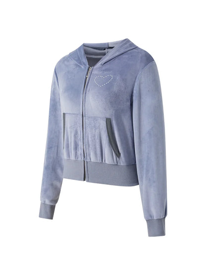 Women Velvet Zip Up Cropped Hoodies Solid Long Sleeve Hooded Jacket with Pocket Y2k Vintage Velour Sweatshirt for Teen Girls