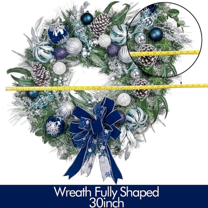 30 Inch Pre-Lit Christmas Wreath for Front Door with Lights, Large Lighted Christmas Wreath with Silver Blue