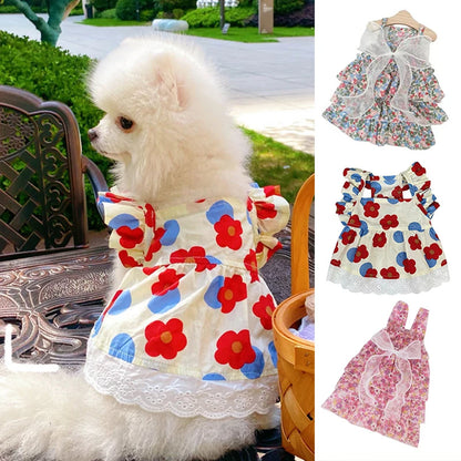 Princess Style Dog Dresses Pet Floral Skirt Cotton Suspender Pet Clothing Mesh Skirt Sweet Dog Clothes for Small Dogs Pet Items