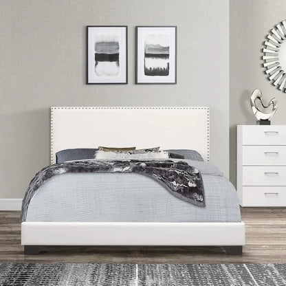 Queen size Bed Frame, Willow Nailhead Trim Upholstered Bed, White Faux Leather,bed Base