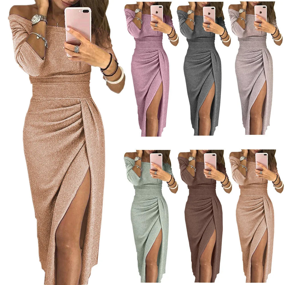 2023 New Women's Off Shoulder Long Sleeve Bodycon Evening Party Long Dress Asymmetrical Split Pencil Dresses S M L XL XXL