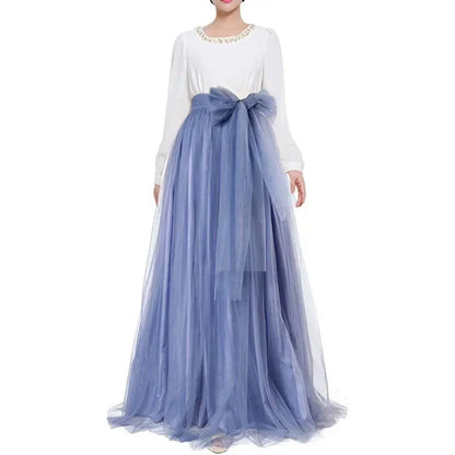Women Long Skirts High Waisted Puffy A Line Tulle Skirt Wedding Bridesmaid Skirt with Bowknot Belt Faldas Saias Femininas Jupe