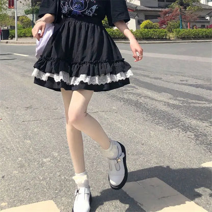 Japanese Sweet Lace Poached Cake Skirt High Waist Skirt Women's Summer Cute Short Skirt A-line Skirt Black Skirt