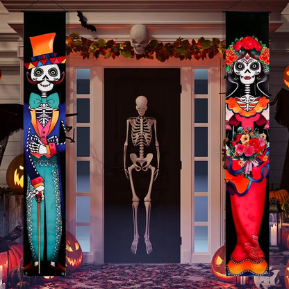 Halloween Day of The Dead Porch Sign Door Banner Welcome Hanging Flag Party Supplies Decoration Halloween Background Wall Decor