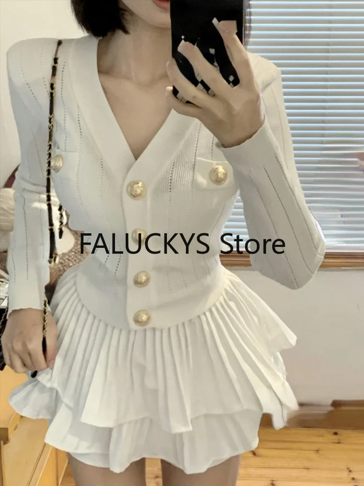Elegant Dress 2 Piece Skirt Set Office Lady Casual French Knitted Top + Women Party Sexy Mini Skirt Korean Fashion Autumn 2023