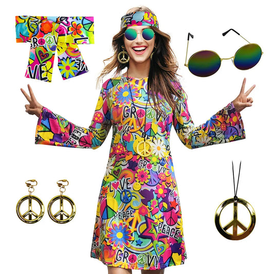 5pcs Set 60s 70s Women Hippie Costume Accessories Hippie Disco Dress , Halloween Boho Flared Hippie Dress