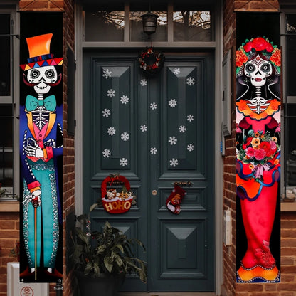 Halloween Day of The Dead Porch Sign Door Banner Welcome Hanging Flag Party Supplies Decoration Halloween Background Wall Decor