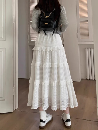 White Hollow Long Cake Skirt Women Spring High Waist Lace Patchwork Ruffles A Line Midi Skirts Sweet Ballet Clothes