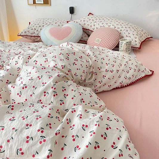 INS Cherry Bedding Set - Soft Washed Cotton for Cozy Nights