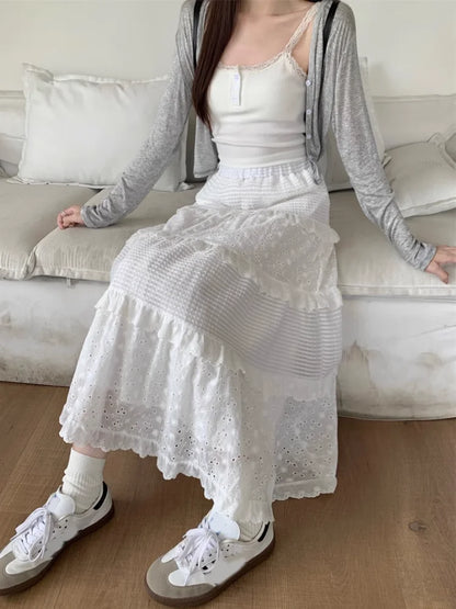 White Hollow Long Cake Skirt Women Spring High Waist Lace Patchwork Ruffles A Line Midi Skirts Sweet Ballet Clothes