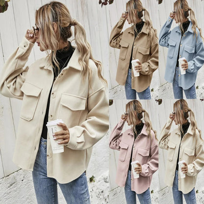 Turn-down Collar Single Breasted Solid Woolen Loose Jacket Pockets Long Sleeve Coat Casual Women Clothing Autumn Winter Warm New