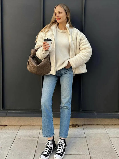 Casual Knitted Women Warm Short Jacket Fashion High Neck Zipper Full Sleeve Female Coat 2024 Winter New Solid Lady Cummuter Tops